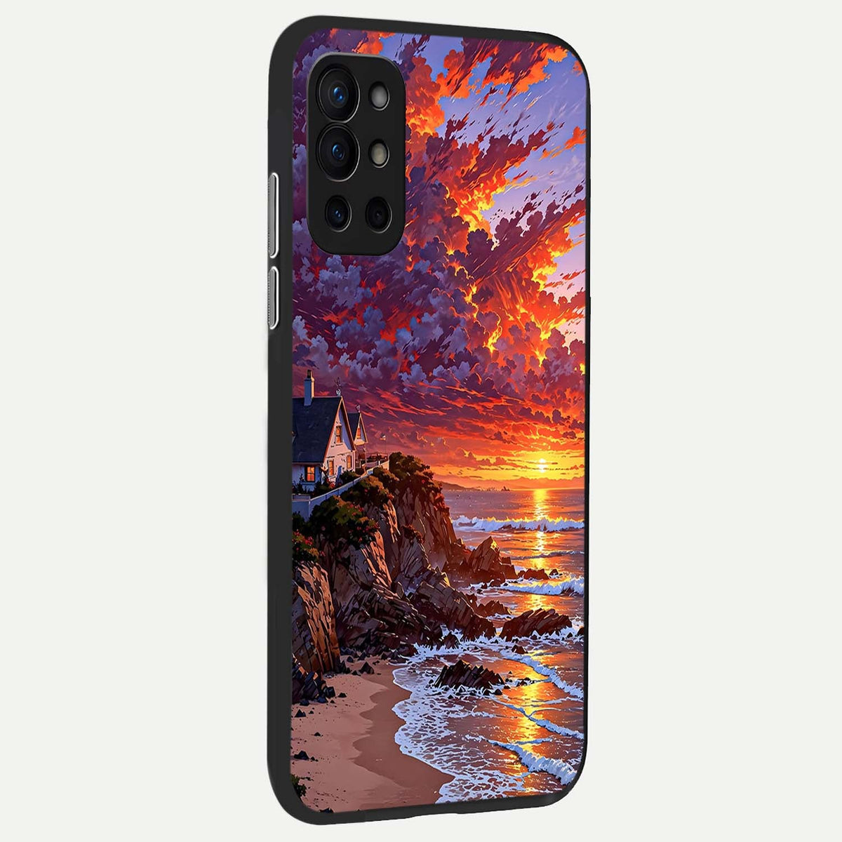 Sunset House By Sea back cover For OnePlus 9R slim fit glass case with vibrant aesthetic design