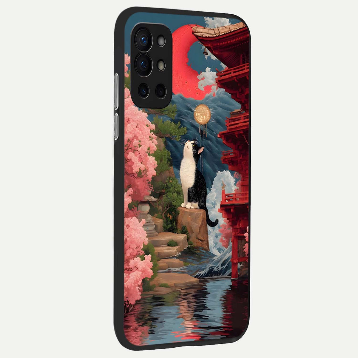 Temple Cat Scenery back cover For OnePlus 9R slim fit glass case with vibrant aesthetic design
