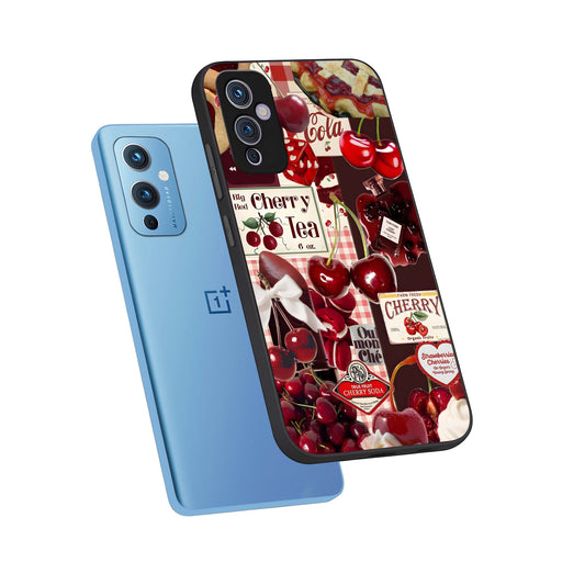 Aesthetic Cherry Tea phone case For OnePlus 9 showing premium glass back cover with detailed artwork