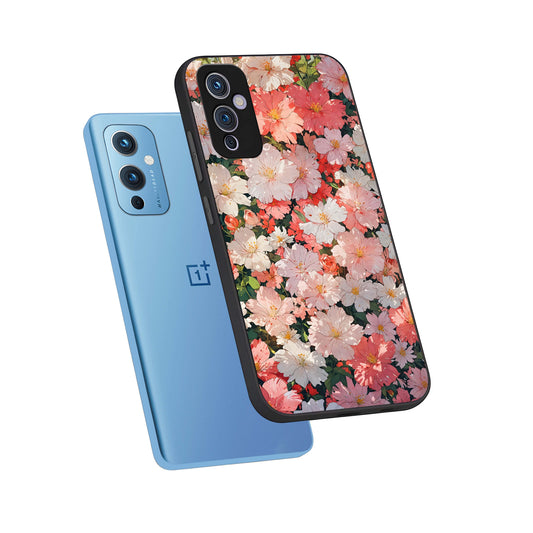 Blush Bloom Field phone case For OnePlus 9 showing premium glass back cover with detailed artwork