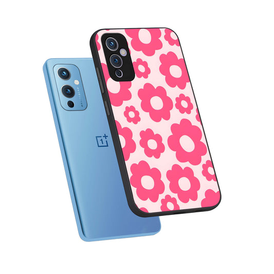 Blush Flower Pop phone case For OnePlus 9 showing premium glass back cover with detailed artwork