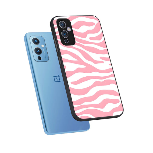 Blush Zebra Flow phone case For OnePlus 9 showing premium glass back cover with detailed artwork
