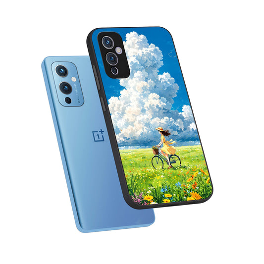Breezy Meadow Ride phone case For OnePlus 9 showing premium glass back cover with detailed artwork