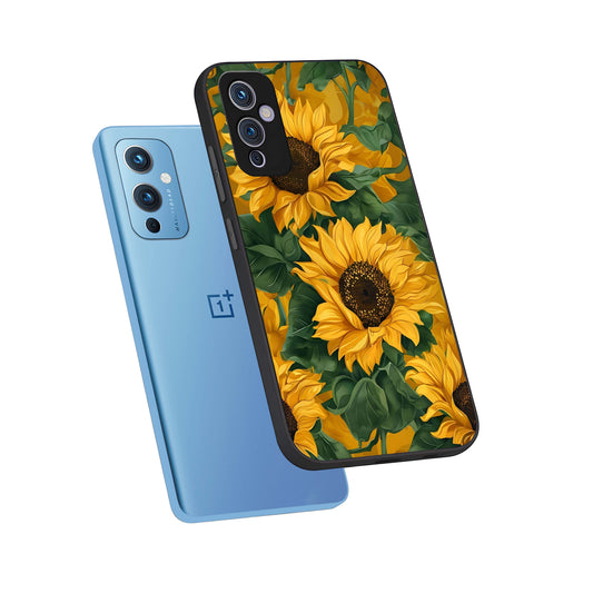 Bright Sunflower Bloom phone case For OnePlus 9 showing premium glass back cover with detailed artwork