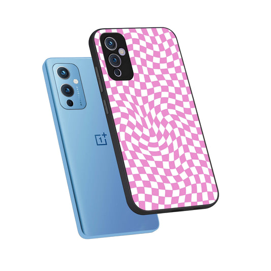 Bubblegum Check Wave phone case For OnePlus 9 showing premium glass back cover with detailed artwork