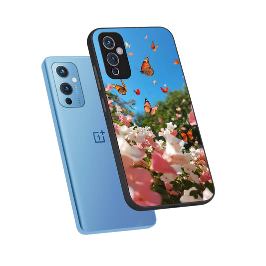 Butterflies In Bloom Sky phone case For OnePlus 9 showing premium glass back cover with detailed artwork