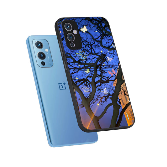 Butterfly Night Magic phone case For OnePlus 9 showing premium glass back cover with detailed artwork