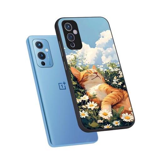 Cat And Flowers View phone case For OnePlus 9 showing premium glass back cover with detailed artwork