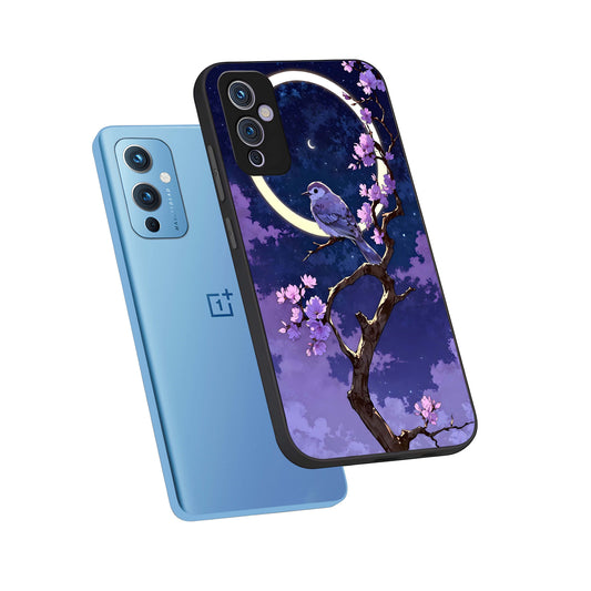 Celestial Bird Blossom phone case For OnePlus 9 showing premium glass back cover with detailed artwork