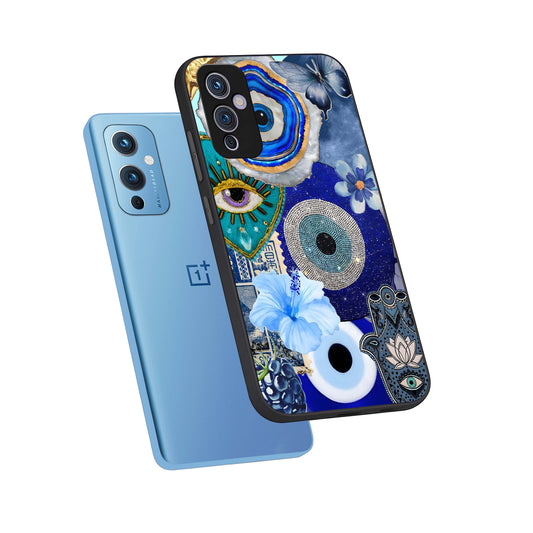 Celestial Blue Vision phone case For OnePlus 9 showing premium glass back cover with detailed artwork