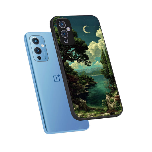 Celestial Lake Peace phone case For OnePlus 9 showing premium glass back cover with detailed artwork