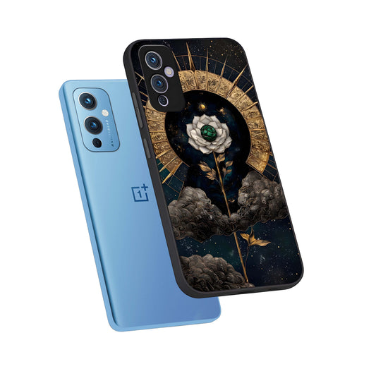Celestial Lotus Morang phone case For OnePlus 9 showing premium glass back cover with detailed artwork