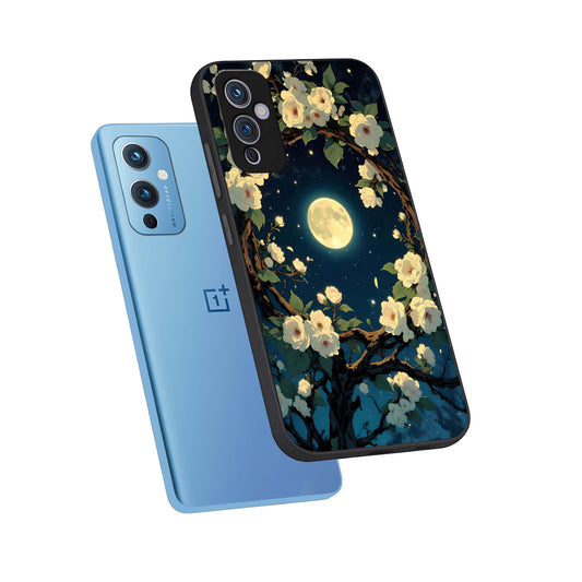 Celestial Moon And Flower phone case For OnePlus 9 showing premium glass back cover with detailed artwork