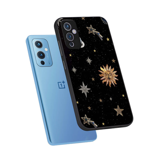 Celestial Moon With Stars phone case For OnePlus 9 showing premium glass back cover with detailed artwork