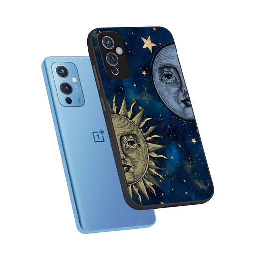 Celestial Moon With Sun phone case For OnePlus 9 showing premium glass back cover with detailed artwork