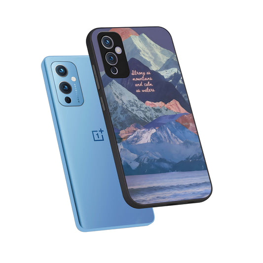 Celestial Mountain Calm phone case For OnePlus 9 showing premium glass back cover with detailed artwork