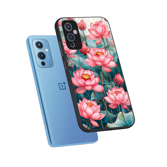 Celestial Pink Lotus phone case For OnePlus 9 showing premium glass back cover with detailed artwork