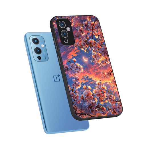 Celestial Sakura Sunset phone case For OnePlus 9 showing premium glass back cover with detailed artwork