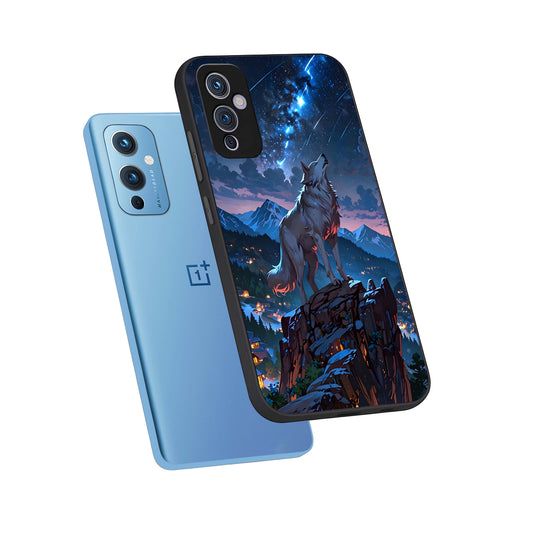 Celestial Wolf Howl phone case For OnePlus 9 showing premium glass back cover with detailed artwork