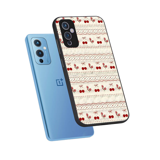 Cherry Bloom Charm phone case For OnePlus 9 showing premium glass back cover with detailed artwork