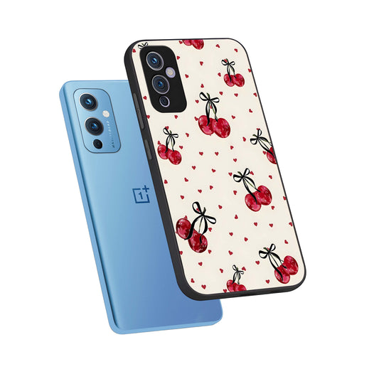 Cherry Heart Bow phone case For OnePlus 9 showing premium glass back cover with detailed artwork