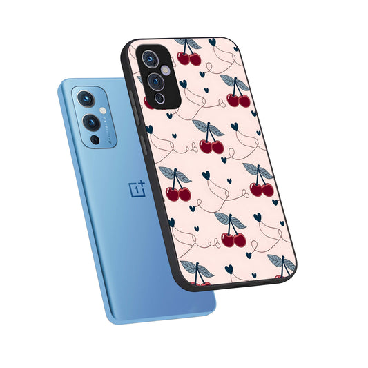 Cherry Heart Line phone case For OnePlus 9 showing premium glass back cover with detailed artwork