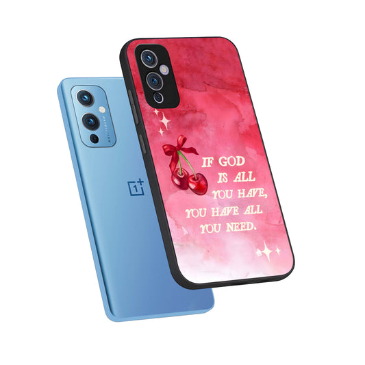 Cherry Quote phone case For OnePlus 9 showing premium glass back cover with detailed artwork