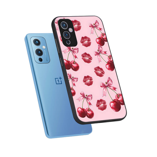Cherry With Lips phone case For OnePlus 9 showing premium glass back cover with detailed artwork
