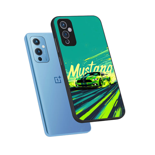 Mustang Bang phone case For OnePlus 9 showing premium glass back cover with detailed artwork