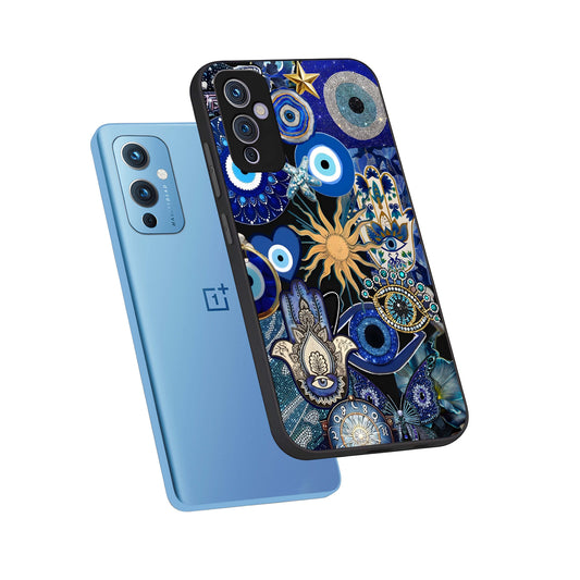 Mystic Blue Evil Eye phone case For OnePlus 9 showing premium glass back cover with detailed artwork