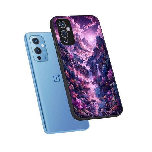 Mystic Cascade Peaks phone case For OnePlus 9 showing premium glass back cover with detailed artwork