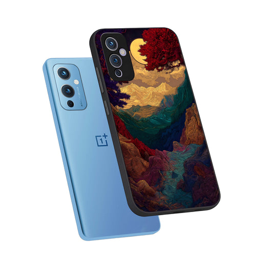 Mystic Valley Light phone case For OnePlus 9 showing premium glass back cover with detailed artwork