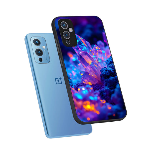 Neon Aura Shards phone case For OnePlus 9 showing premium glass back cover with detailed artwork
