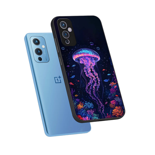 Neon Jellyfish phone case For OnePlus 9 showing premium glass back cover with detailed artwork