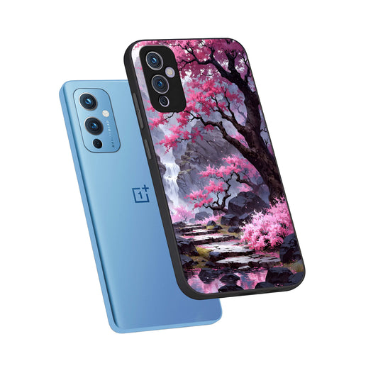 Pink Sunflower Glow phone case For OnePlus 9 showing premium glass back cover with detailed artwork