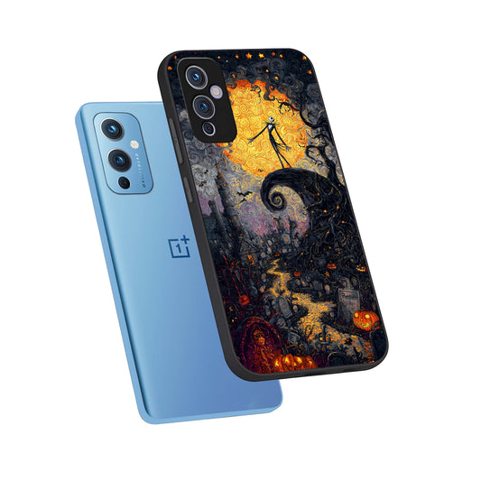 Pumpkin Moon Night phone case For OnePlus 9 showing premium glass back cover with detailed artwork