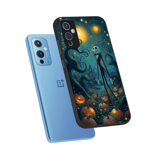 Pumpkin Moonlight Tale phone case For OnePlus 9 showing premium glass back cover with detailed artwork