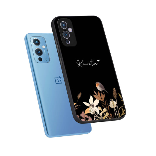 Quiet Garden Tune Custom Name phone case For OnePlus 9 showing premium glass back cover with detailed artwork