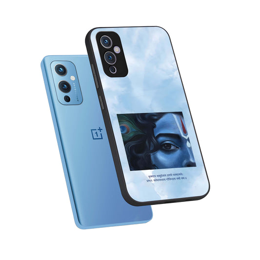 Spiritual Krishna phone case For OnePlus 9 showing premium glass back cover with detailed artwork