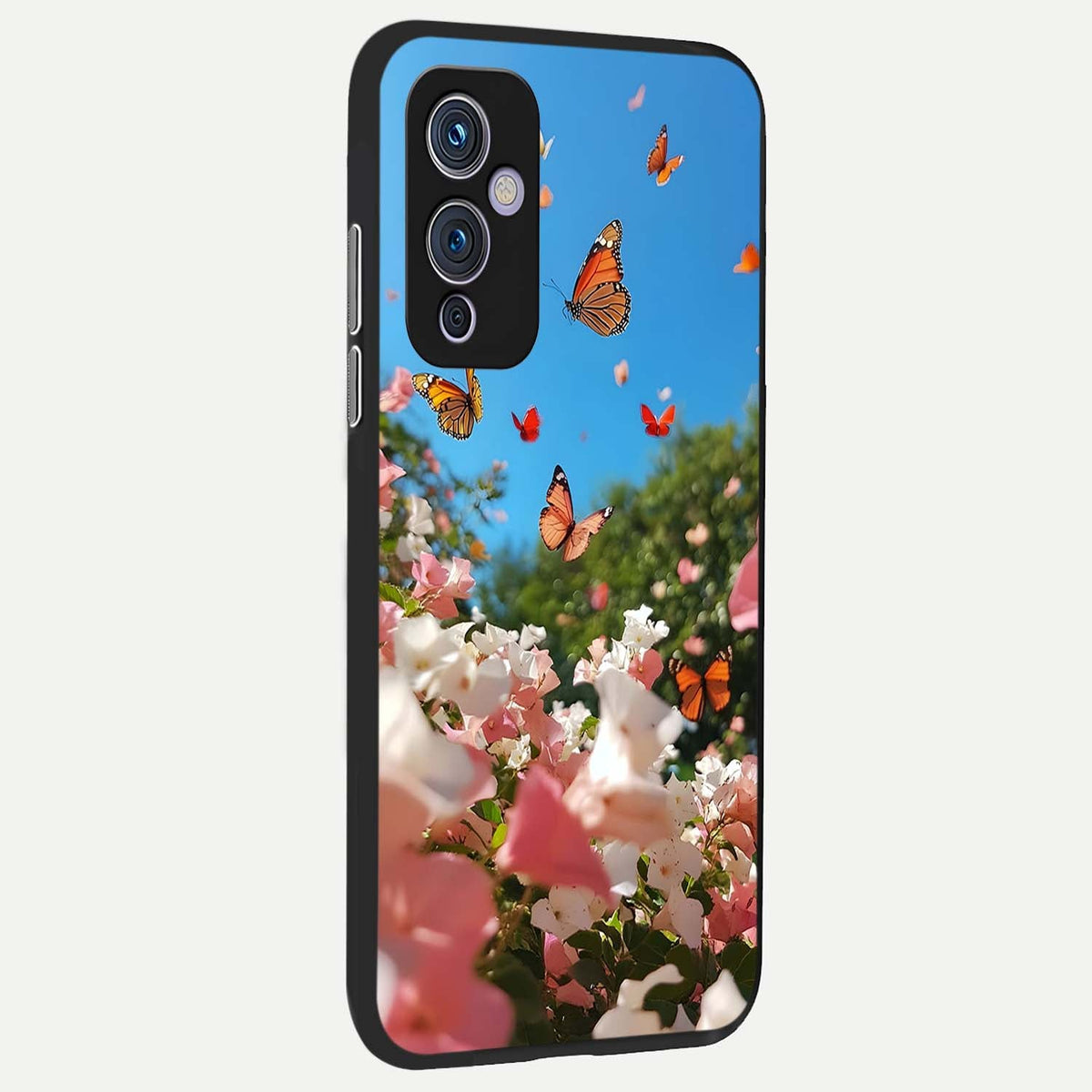 Butterflies In Bloom Sky back cover For OnePlus 9 slim fit glass case with vibrant aesthetic design
