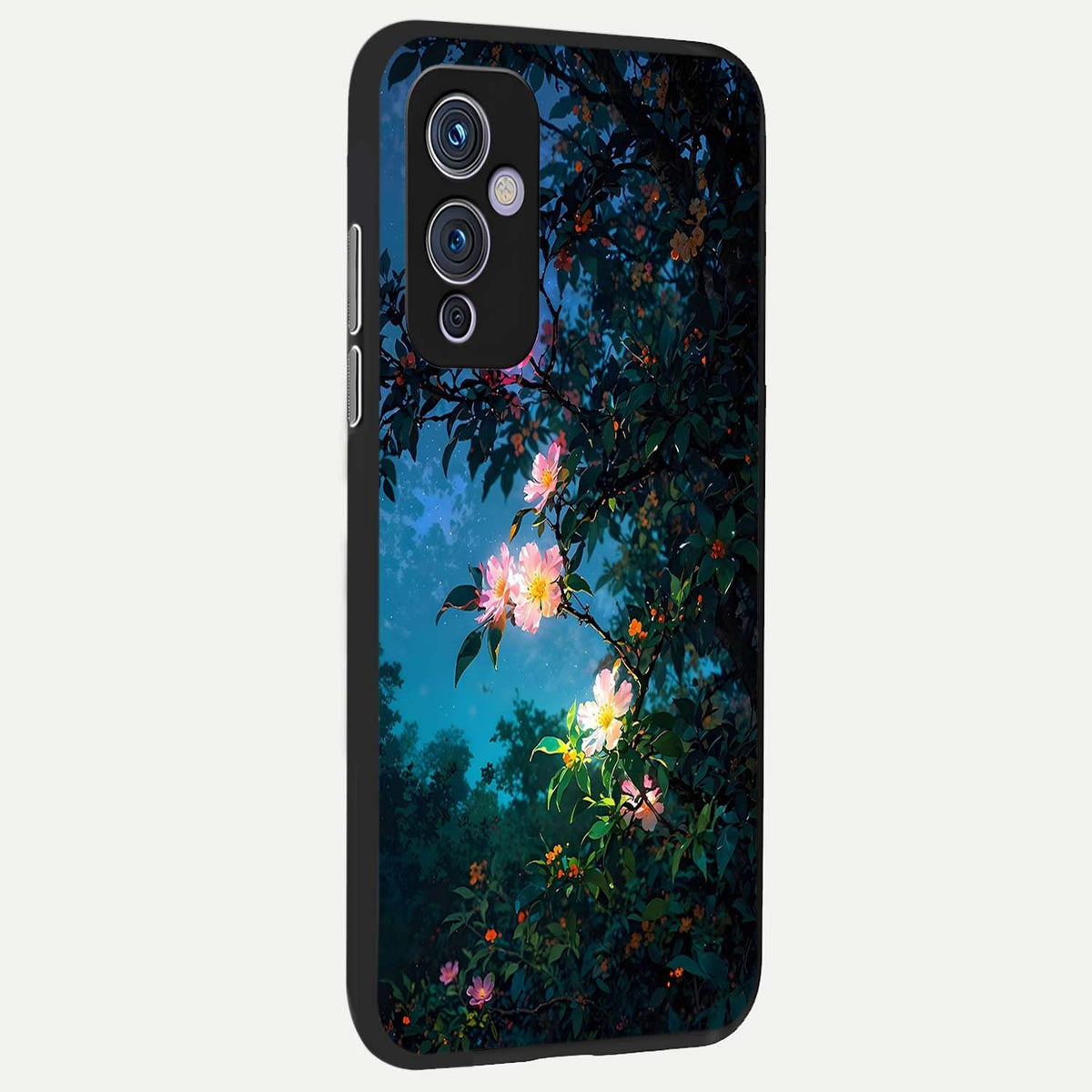 Midnight Bloom Glow back cover For OnePlus 9 slim fit glass case with vibrant aesthetic design