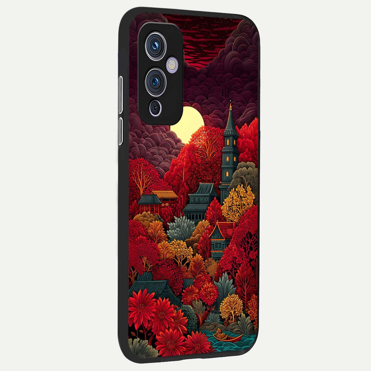 Scarlet Autumn Temple back cover For OnePlus 9 slim fit glass case with vibrant aesthetic design