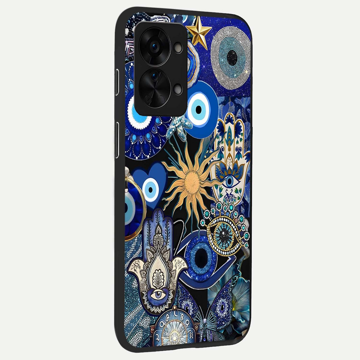 Mystic Blue Evil Eye back cover For OnePlus Nord 2T slim fit glass case with vibrant aesthetic design