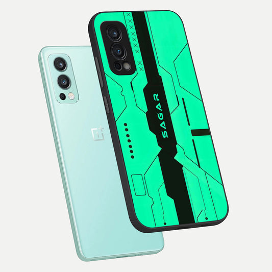 Aqua Tech CYBERPUNK Custom Name phone case For OnePlus Nord 2 showing premium glass back cover with detailed artwork