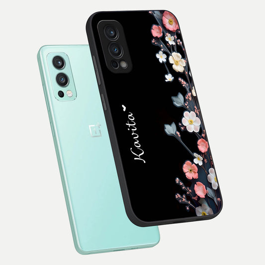 Black Elegance Floral Custom Name phone case For OnePlus Nord 2 showing premium glass back cover with detailed artwork