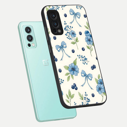 Blue Flower And Bow phone case For OnePlus Nord 2 showing premium glass back cover with detailed artwork