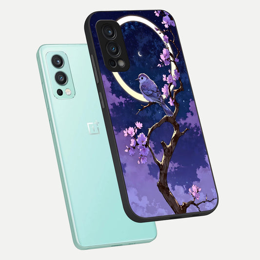 Celestial Bird Blossom phone case For OnePlus Nord 2 showing premium glass back cover with detailed artwork