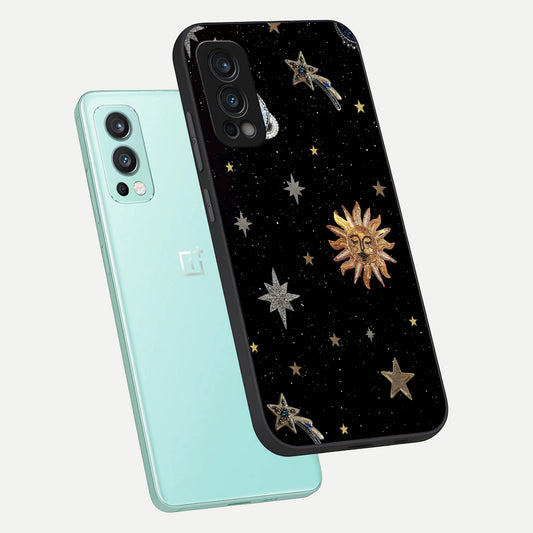 Celestial Moon With Stars phone case For OnePlus Nord 2 showing premium glass back cover with detailed artwork