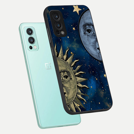 Celestial Moon With Sun phone case For OnePlus Nord 2 showing premium glass back cover with detailed artwork