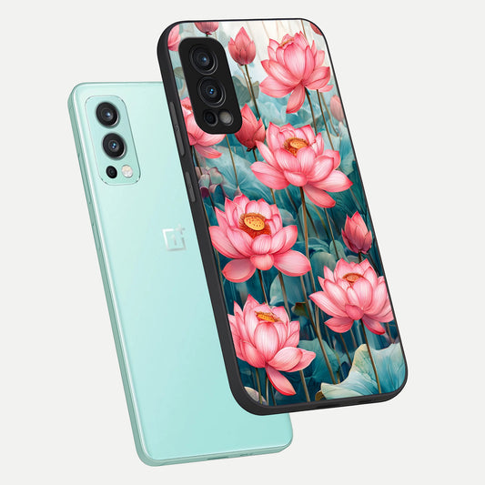 Celestial Pink Lotus phone case For OnePlus Nord 2 showing premium glass back cover with detailed artwork
